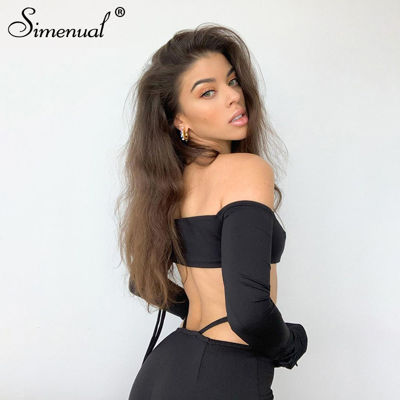 Simenual Sexy Bodycon Biker Shorts Two Piece Set Women Long Sleeve Halter Off Shoulder Outfits Party Clubwear Slim Matching Sets T200808