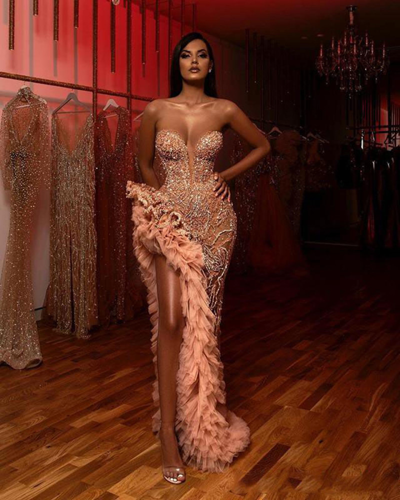 New Aso Ebi Champagne Blush Mermaid Prom Dresses 2020 Sparkly Beaded Ruffles High Slit Sweetheart Arabic Evening Dress Occasion Gown