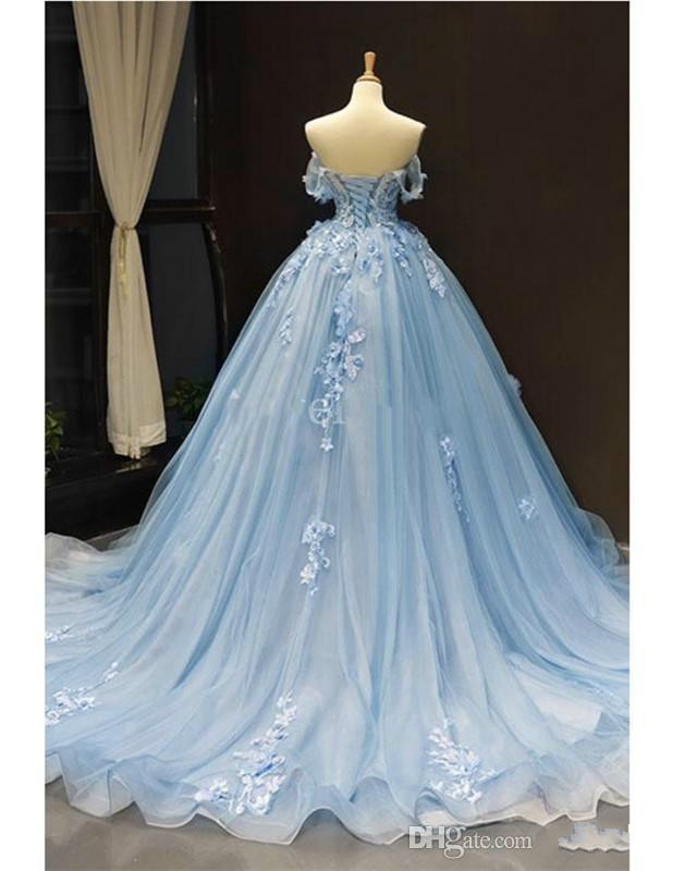 Light Sky Blue Ball Gown Evening Dresses Off Shoulder Sleeveless Lace Up Appliques Lace Formal Party Dress Vestidos De Quinceanera