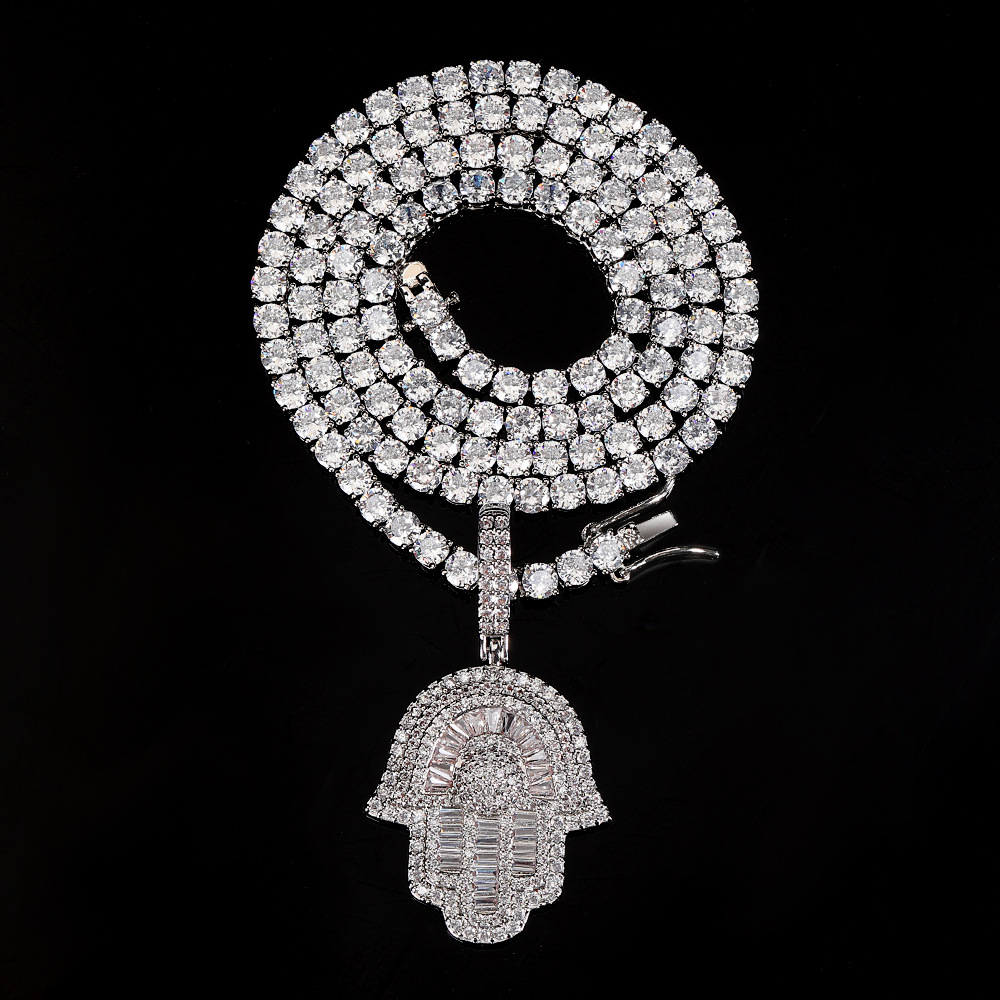 Cubic Zirconia Hand of Fatima Pendant Necklace - Unisex Hip Hop Jewelry, Platinum-Plated, Gift Idea