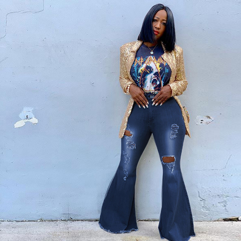 Tsuretobe Autumn Plus Size Flare Pants Women Ripped Jeans Fashion High Waist Wide Leg Pants Casual Bell-Bottoms Jeans Trousers CX200821