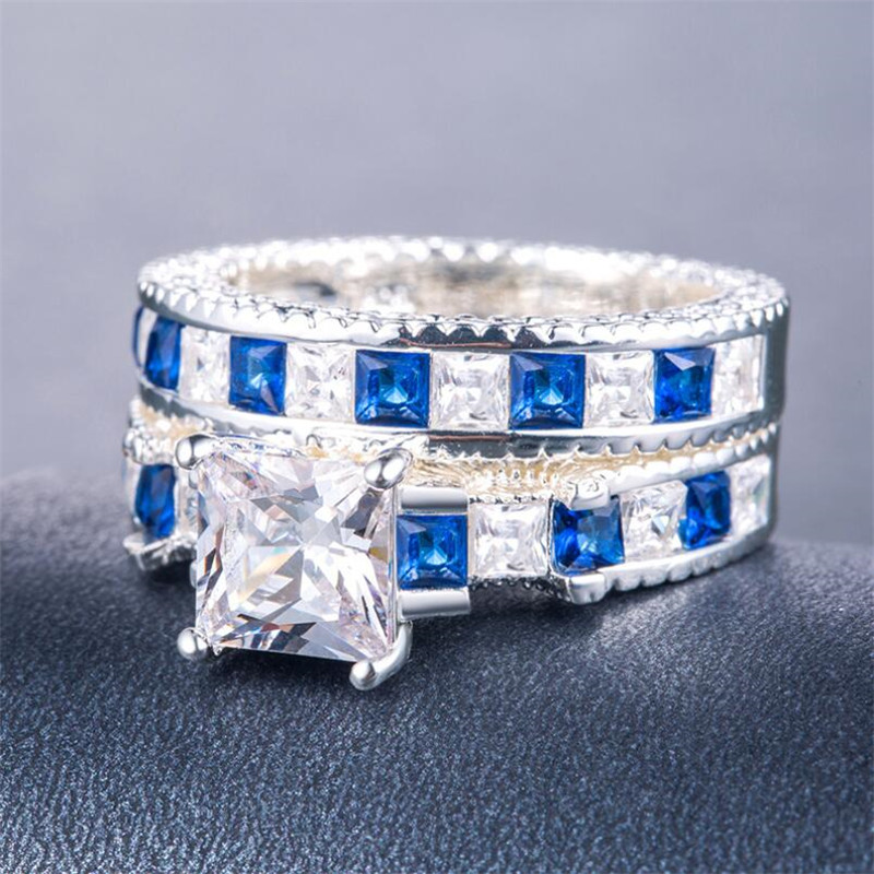 Choucong Unique Luxury Jewelry 925 Sterling Silver Princess Cut Emerald Cut Topaz Gemstones Party Eternity Bridal Ring Set For Lover's Gift