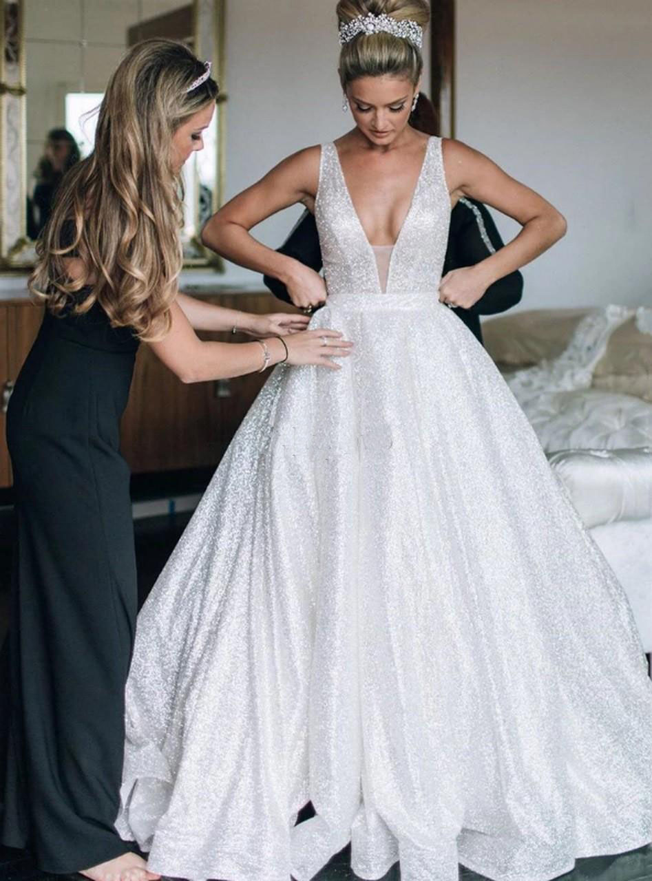 Sparkle Sequined Deep V Neck Wedding Dress A Line Sweep Train Arabic Dubai Bridal Gowns vestidos de novia Plus Size