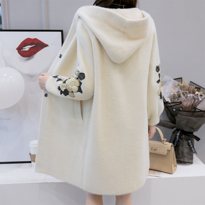 New Women Long Outwear Faux Fur Coat Autumn Winter With Hooded Embroidered Warm Single Breasted