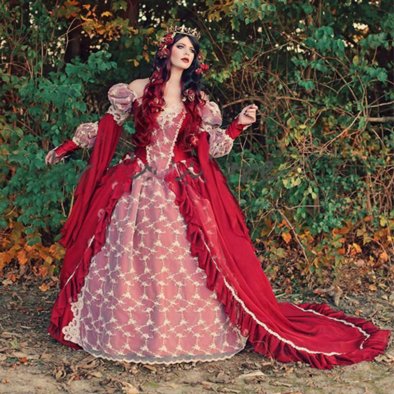 Fantasy Red Queen Gothic Wedding Dresses Halloween Medieval Country Garden Ball Gowns With Lace Long Sleeves Corset Bridal Gowns