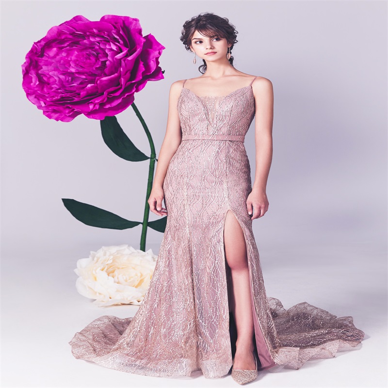 Sexy High-split Evening Dresses Sheath Pink Blush Glitter Beads Sequins Lace Sleeveless Backless Prom Dress Formal Party Guest Wears