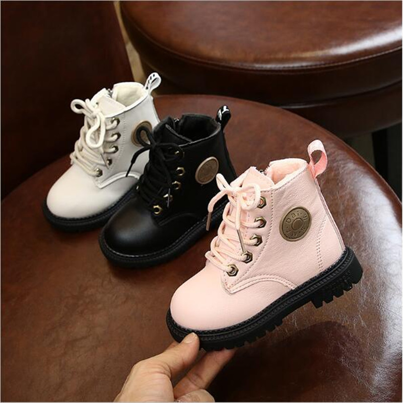 

2020 Winter Children Boots Boys Leather Martin Boots Girls shoes Plush Fashion Waterproof Non-slip Warm Kids Boots Shoes, Black