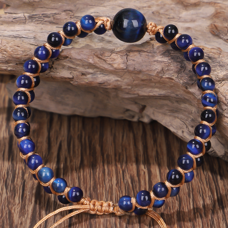 Fehame High Quality Natural Lapis Lazuli Blue Tiger Eye Stone Beads Bracelets for Women Men Stretch Round Bracelet Couple Gift