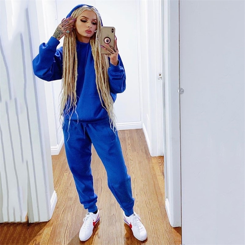 BKLD Pure color sport hoodie suit long sleeve hooded outfit 2 Piece Set Casual Sport Suit Women Blue Tracksuit Set Top and Pants