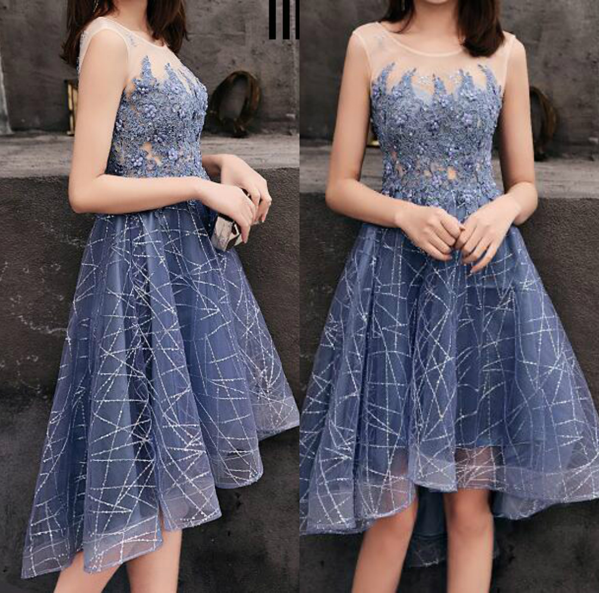 Haze Blue Bridesmaid Dresses Chiffon Applique Hi Lo Jewel Neck Zipper Back Robes De Demoiselle D'honneur