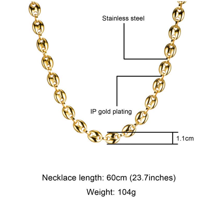 NEW HIP Hop width 11MM 60CM stainless steel gold and silver coffee bean chain necklace men039s jewelry