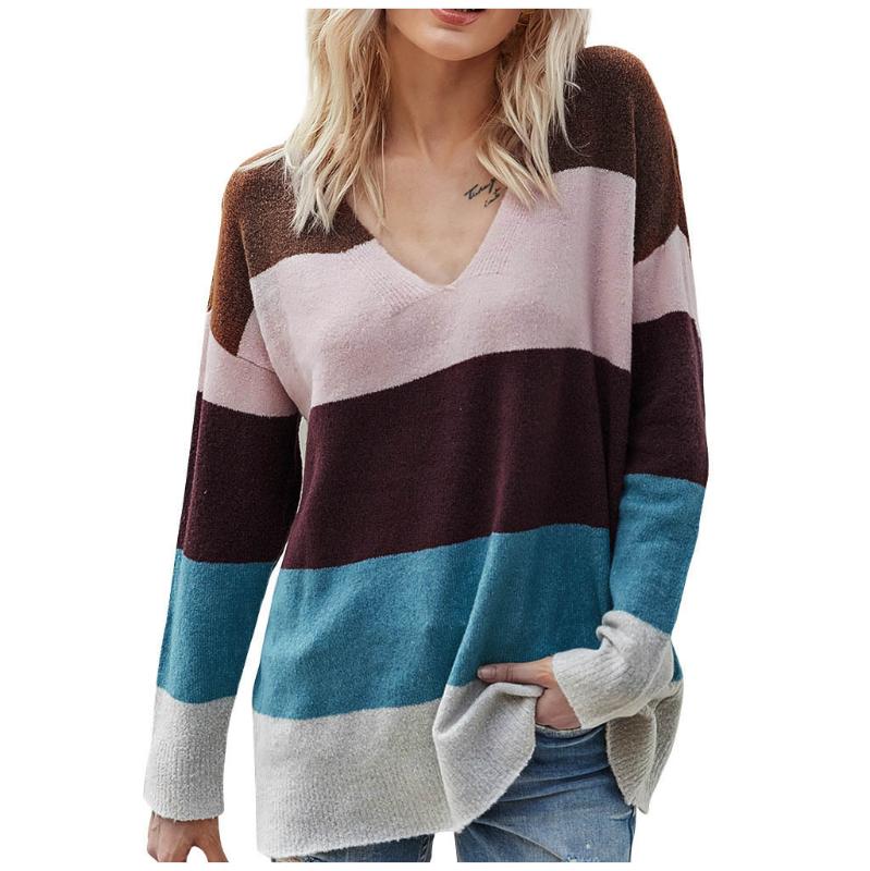 2020 Winter Knitted Sweater Women V neck Loose Sweater Long Sleeve Striped Patchwork Pullovers Casual Tops Female Autumn, Blue
2020 Winter Knitted Sweater Women V neck Loose Sweater Long Sleeve Striped Patchwork Pullovers Casual Tops Female Autumn, Blue