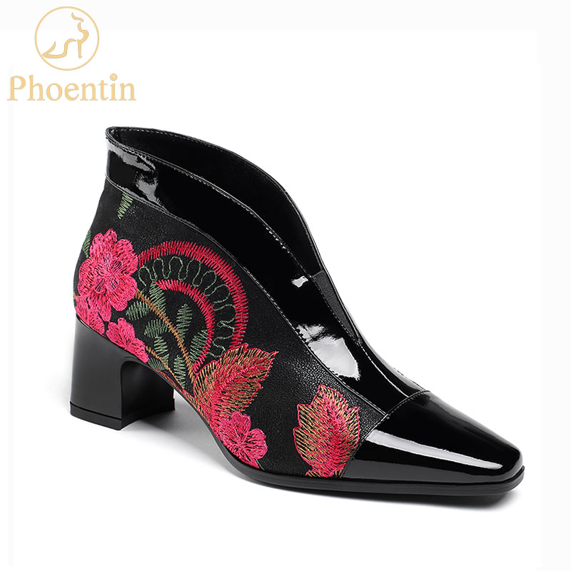 Phoentin flower embroidery ankle boots woman 2020 winter square heels booties natrue leather slip on shoes deep V mouth FT787, Black
Phoentin flower embroidery ankle boots woman 2020 winter square heels booties natrue leather slip on shoes deep V mouth FT787, Black