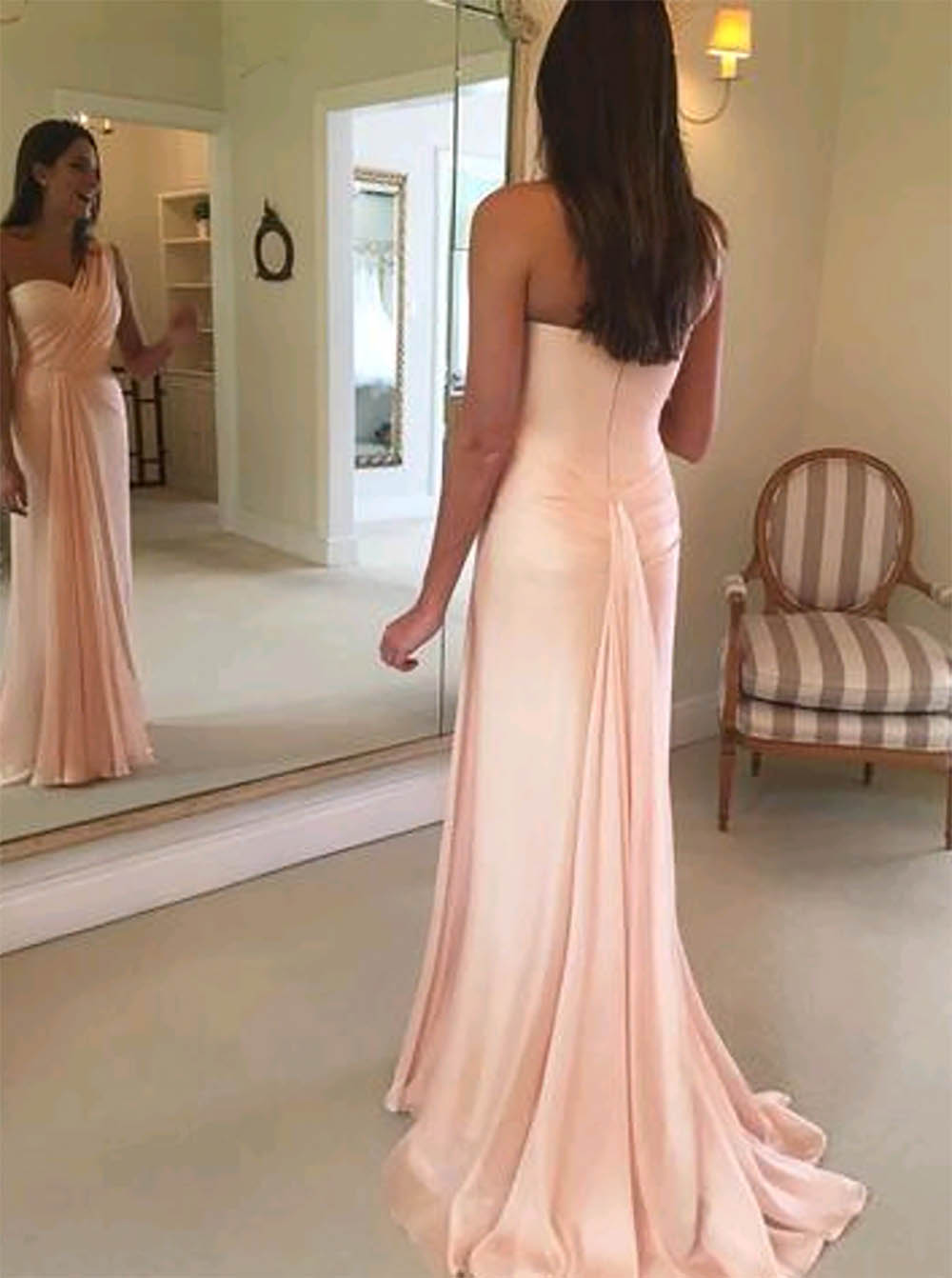 New Simple Cheap but Elegant One Shoulder Blush Pink Evening Gown Pleat Chiffon Floor Length Mermaid Long Prom Dresses