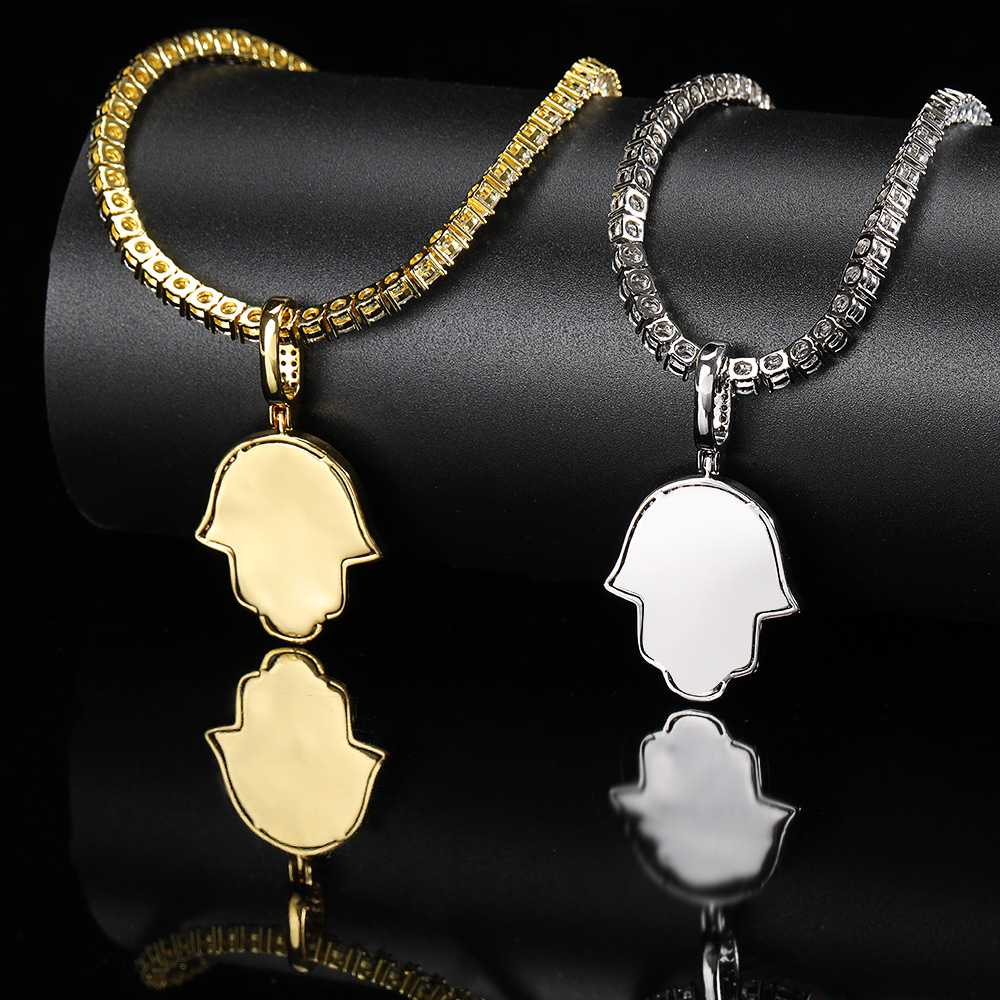 Cubic Zirconia Hand of Fatima Pendant Necklace - Unisex Hip Hop Jewelry, Platinum-Plated, Gift Idea