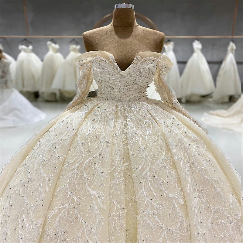 Ball Gown Wedding Dresses Luxury Lace Sequined Beads Plus Size Bridal Gowns Sweetheart Long Sleeves Vintage Backless Vestidos De Novia