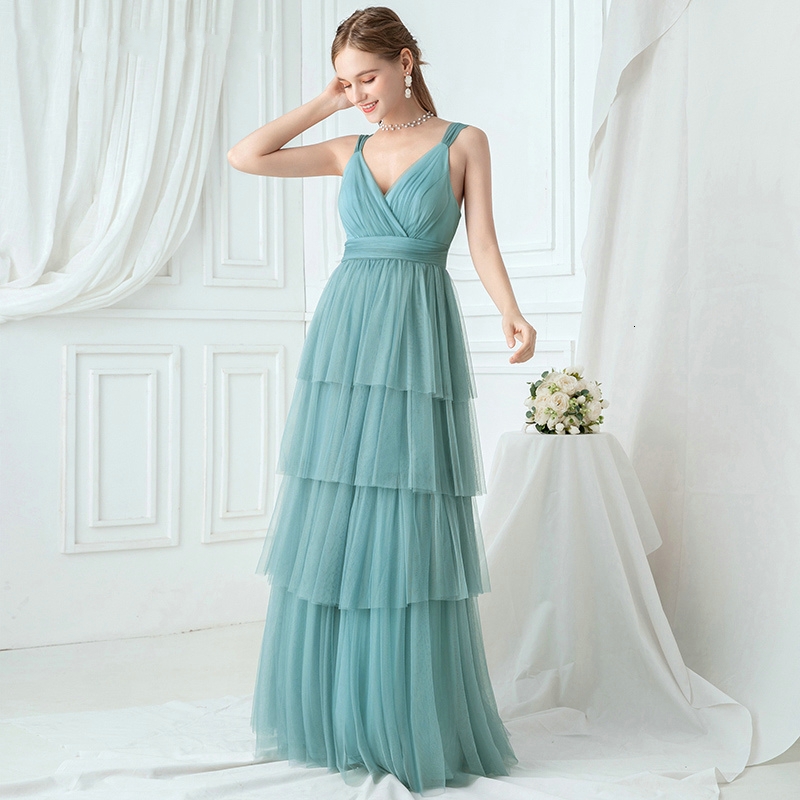 Elegant Turquoise Bridesmaid Dresses Layers A-Line Evening Dress V-Neck Ruched Spaghetti Straps Tulle Wedding Party Gowns