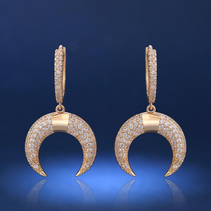 Vintage Fashion Jewelry Top Selling Lucky Dangle Earring 925 Sterling Silver Colorful White Sapphire Diamond Gemstones Crescent Moon Earring