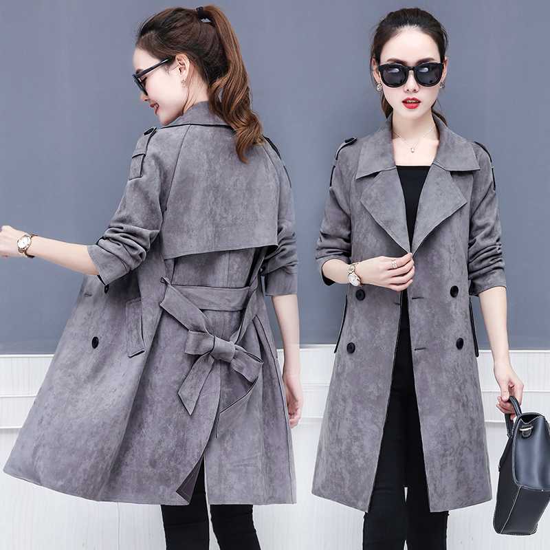 2020 New Spring Autumn Overcoats Women Chamois Trench Coats Long Sleeve Fashion Turn-down Collar Clothing Mid-long Trench L100