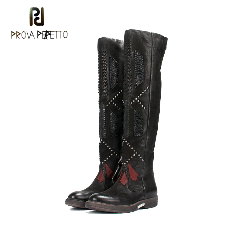 Prova Perfetto Fashion New Patchwork Weave Women Over The Knee Boots Thigh High Boots Rivets Studded Platform Flat Boats, Black leather in
Prova Perfetto Fashion New Patchwork Weave Women Over The Knee Boots Thigh High Boots Rivets Studded Platform Flat Boats, Black leather in