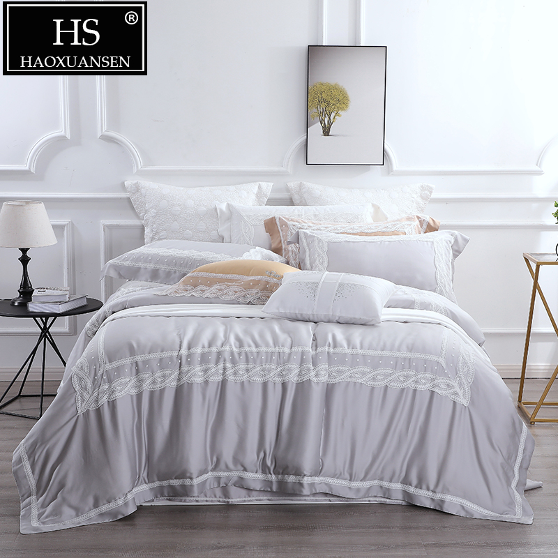 High-end King Size Grey 4 Piece Bedding Sets Lace Princess Organic Natural 100% Tencel Lyocell Duvet Cover Bed Sheet Set
High-end King Size Grey 4 Piece Bedding Sets Lace Princess Organic Natural 100% Tencel Lyocell Duvet Cover Bed Sheet Set