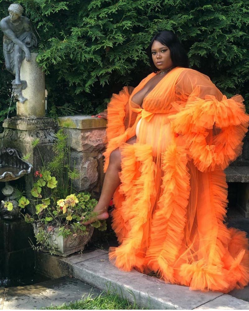 Plus Size Sexy Women Maternity Wedding Pregnancy Ruffles Tiered Tulle Bathrobe Sleepwear Illusion Bridal Robe Evening Nightdress