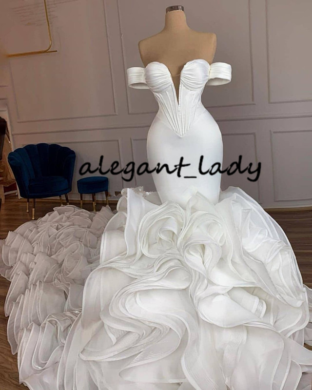 Cascading Ruffles Mermaid Wedding Dresses 2021 Real Image Off Shoulder Princess Castle Fishtail Bride Wedding Gown Robe De Soire