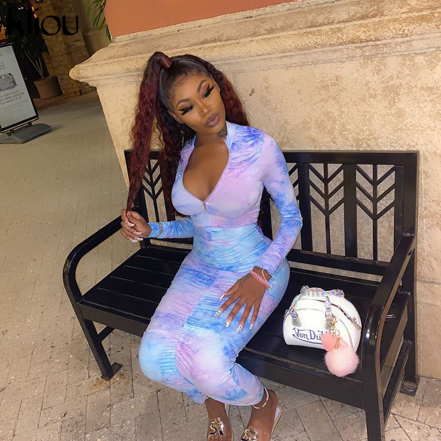 Kliou women tie dye print long sleeve bodycon dress ruched fitness skinny zipper colorful fashion vestido de mujer streetwear 200928