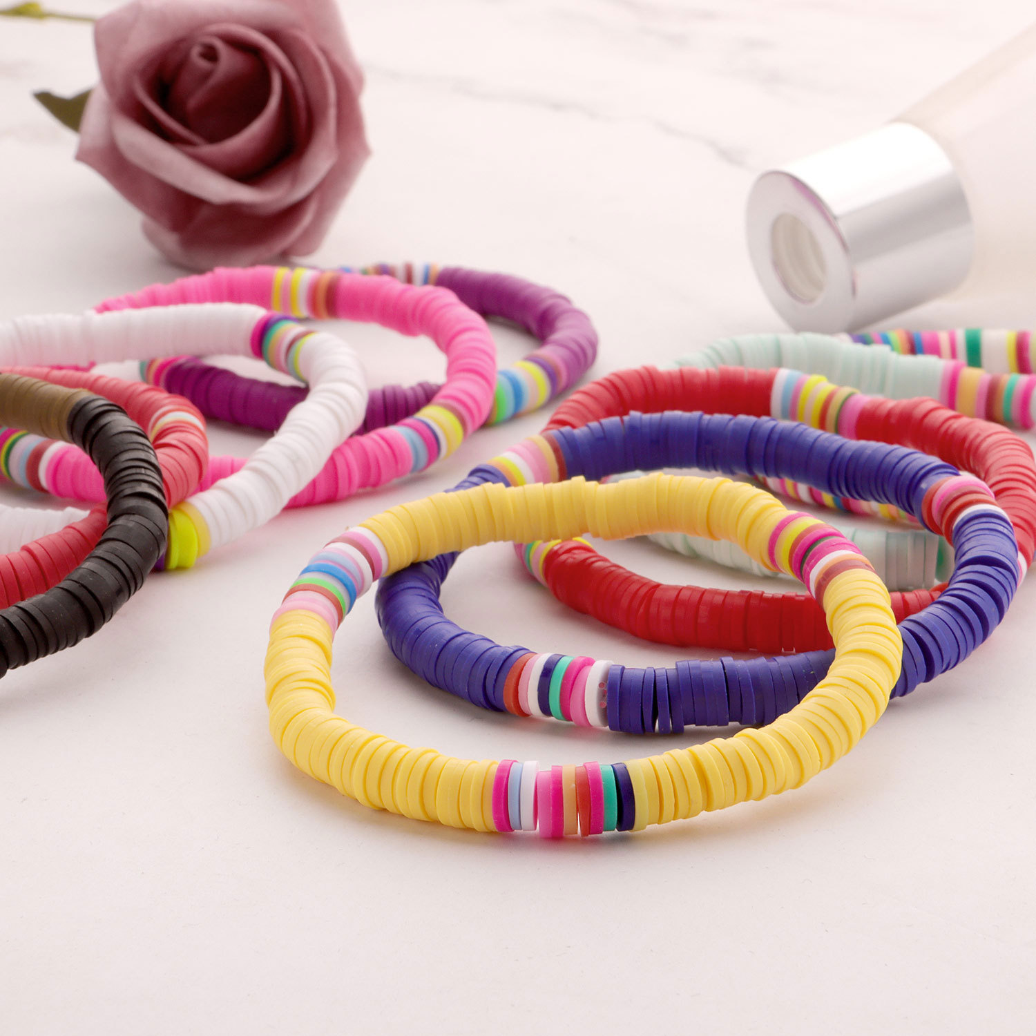 12PCS Soft Clay Surfer African Beads Choker Colorful Jelly Bracelet Elastic Handmade Boho Lightweight for Women Girls 6mm Summer Beach