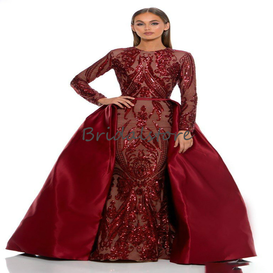 Mermaid Muslim Evening Dresses With Detachbale Train Long Sleeves Burgundy Sequin Prom Dresses African Wear 2020 Trend Plus Size Formal Gown
