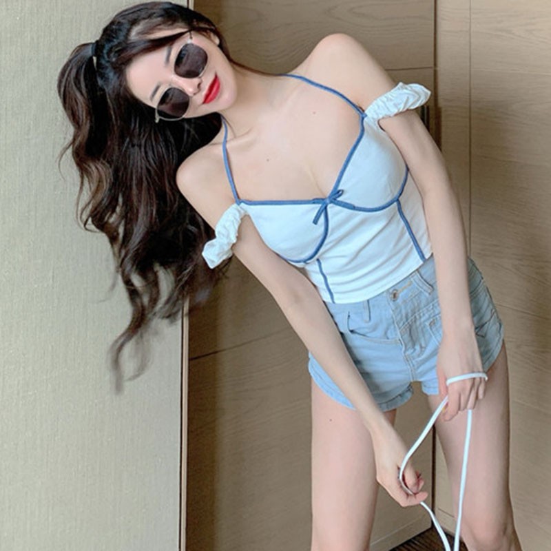 Korean Style V-Neck Color Matching Hanging Neck Top Female Sexy Slim Strapless Short T Shirt, White
Korean Style V-Neck Color Matching Hanging Neck Top Female Sexy Slim Strapless Short T Shirt, White