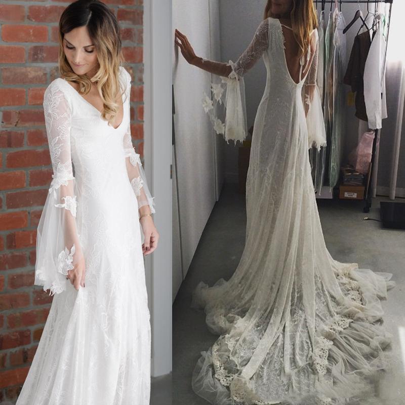 Sexy Open Back Beach Boho Wedding Dresses Full Lace 2020 Long Bell Sleeves A-line Deep V-Neck Bridal Gowns Court Train Country Bride Dress