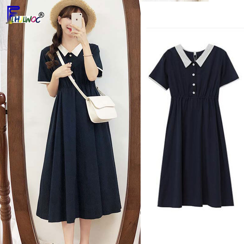 Temperament Lady Dresses Woman Basic Wear Slim Waist Patchwork Navy Blue Cute Girls Sweet Vintage Dres Cotton 8201
Temperament Lady Dresses Woman Basic Wear Slim Waist Patchwork Navy Blue Cute Girls Sweet Vintage Dres Cotton 8201