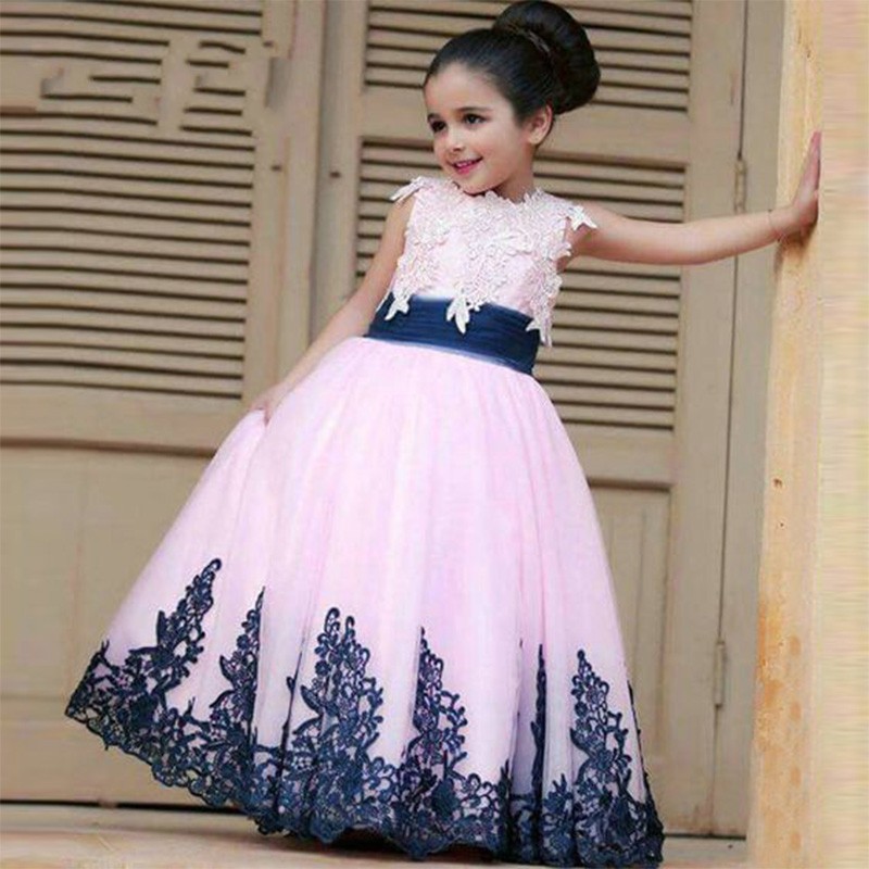 2022 Sweety Pink Navy First Communion Dresses Cap Sleeve Applique Pleated Lace Tulle Flower Girl Dress For Wedding Kids Party Prom Evening