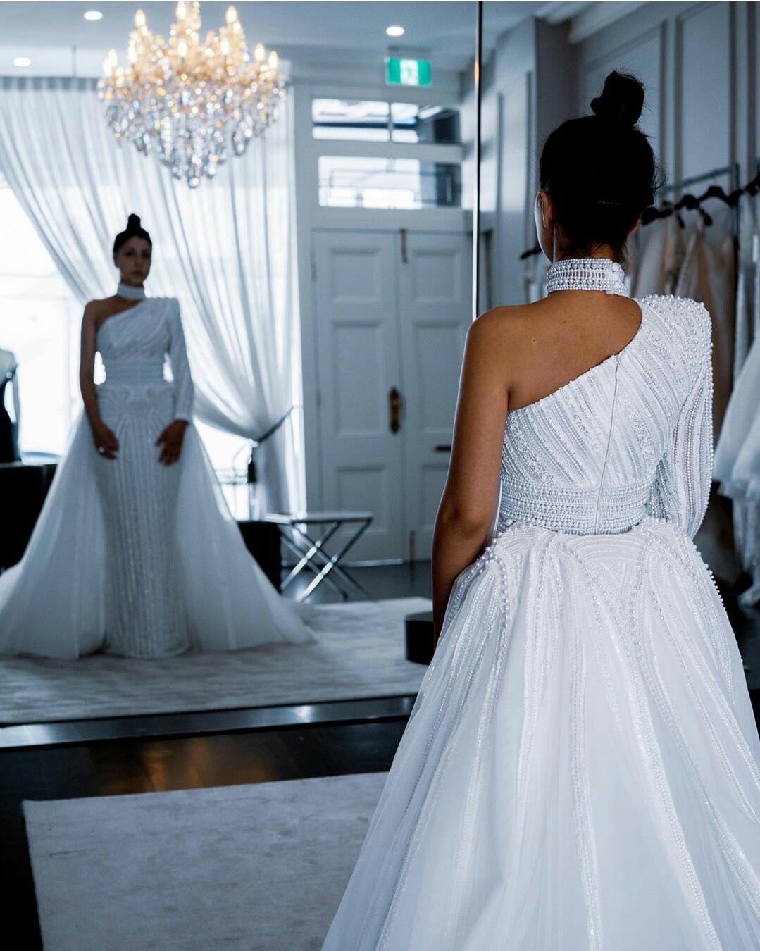 luxury beading mermaid wedding dresses with detachable train one shoulder long sleeve bridal gowns plus size wedding dress