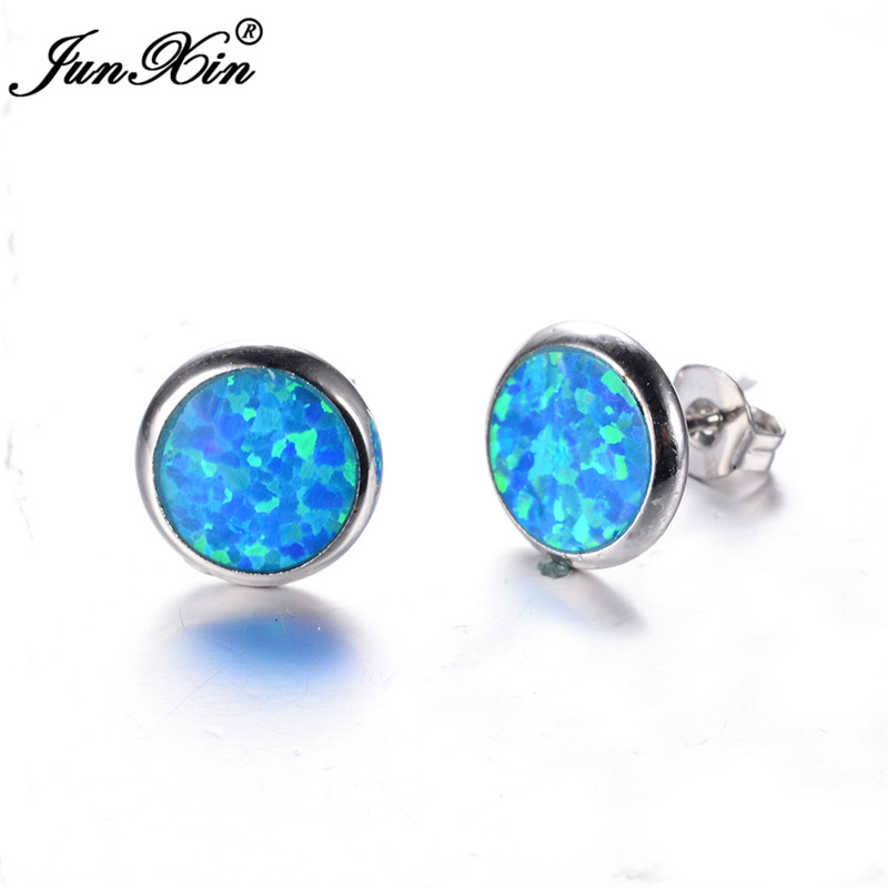 JUNXIN Fashion Female Small Round Stud Earrings Blue/White Fire Opal Earrings For Women