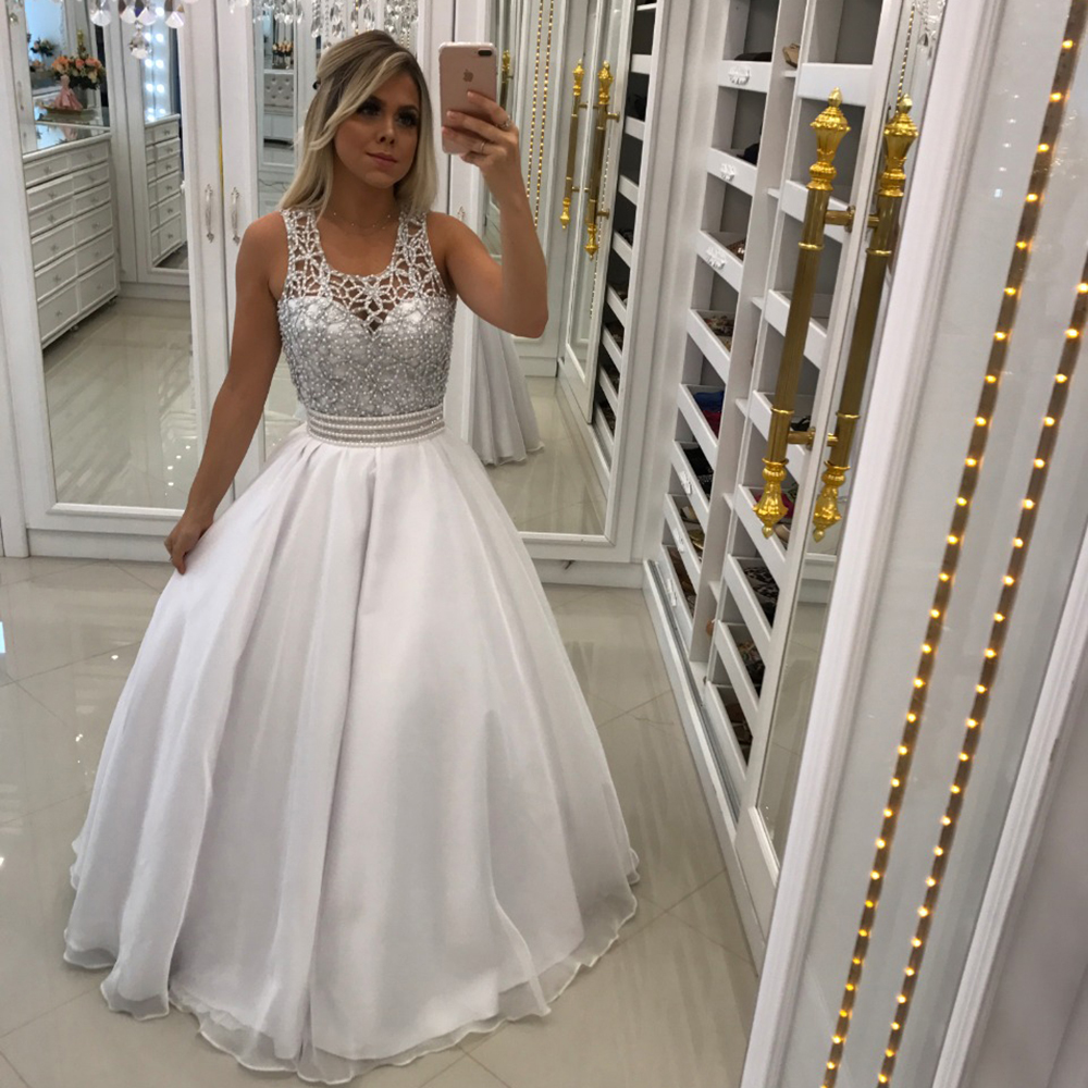 New Customize White Prom Dresses Floor Length Pearls Lace Top Chiffon Skirt A-Line Prom Gown Evening Dress