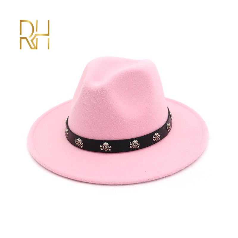 Wide Brim Felt Hat Autumn Female Fashion Skull Top Hat Jazz Cap Winter Fedora For Men Woolen Fashion Chapeau RH, Black