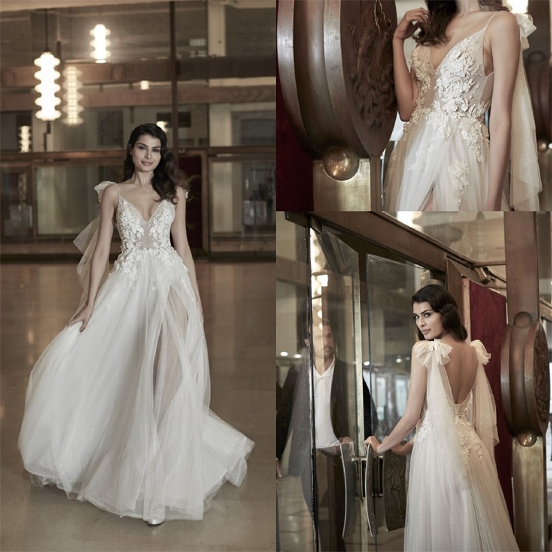 Floral A Line Wedding Dresses Sexy Backless Spaghetti Strap Applique Lace Ruched Tulle Bridal Gowns Chic Sweep Train Vestido De Novia