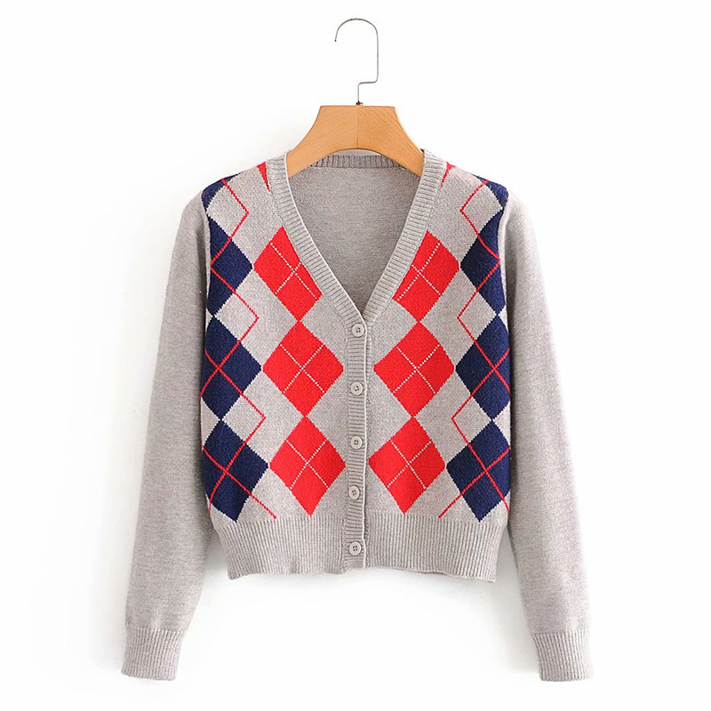vintage stylish geometric rhombic cardigan sweater women fashion autumn warm long sleeve outerwear chic england style tops