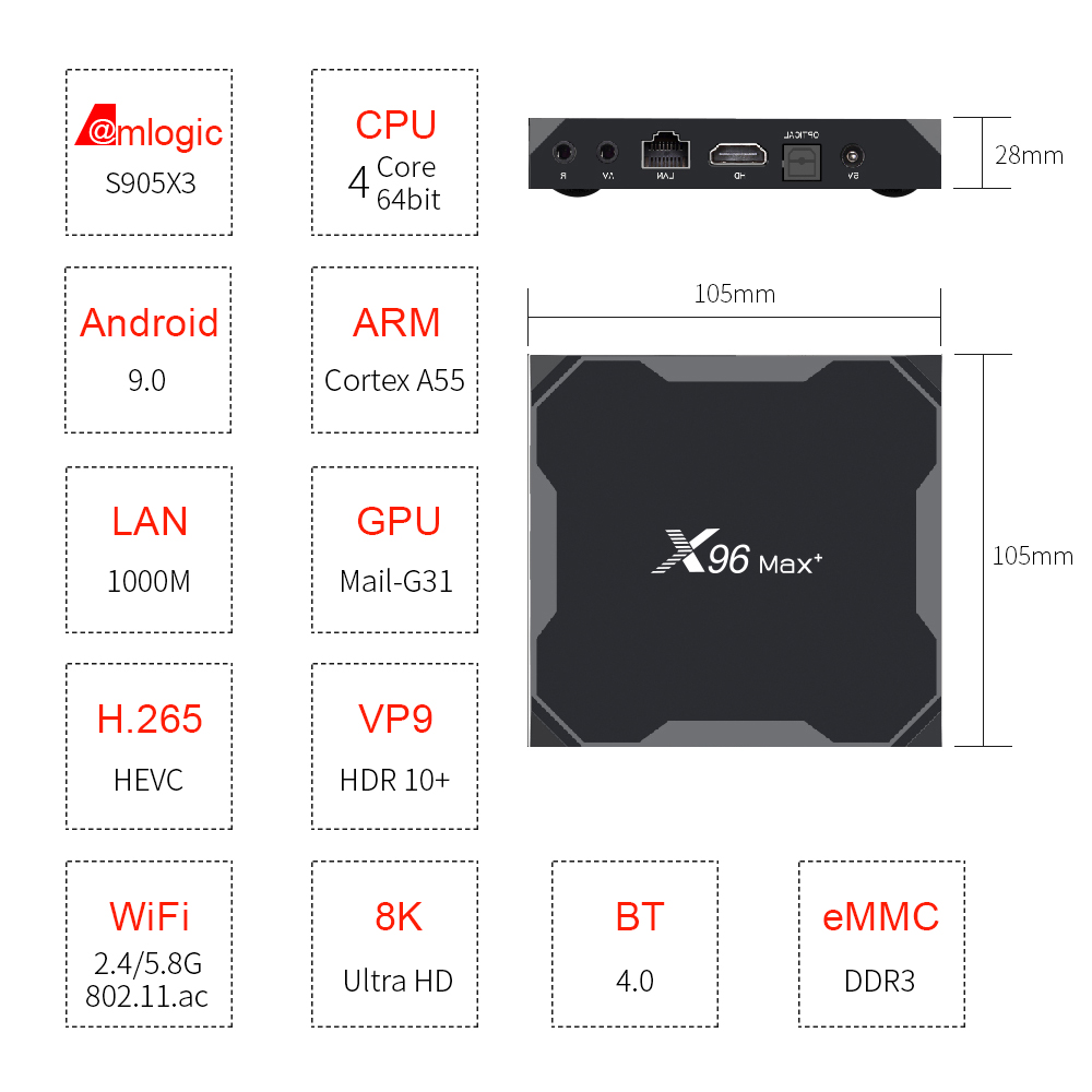 X96 MAX PLUS TV BOX Android 9.0 Amlogic S905X3 4GB RAM 32GB 64GB ROM wifi Bluetooth 4K HD Smart Set Top Box
X96 MAX PLUS TV BOX Android 9.0 Amlogic S905X3 4GB RAM 32GB 64GB ROM wifi Bluetooth 4K HD Smart Set Top Box