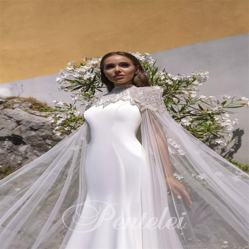 High-neck Wedding Dresses With Wrap Beach Sequins Beads Appliqued Bridal Gown Ruched Satin Custom Made Vestidos De Novia