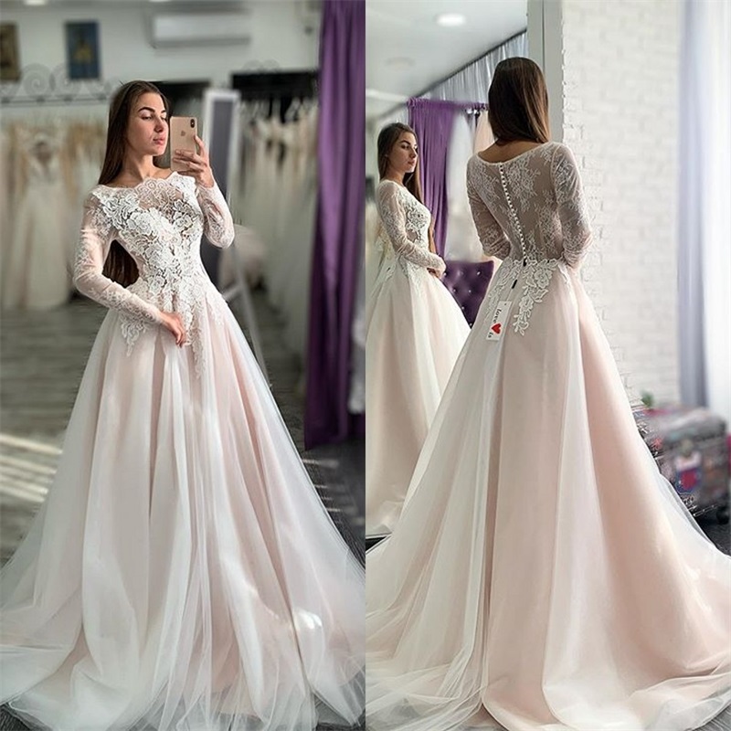 Real Picture 2025 Newest A-line Beach Wedding Dresses Pink Blush Long Sleeves Appliqued Lace Ruched Tulle Bridal Gown Church Wedding Dresses