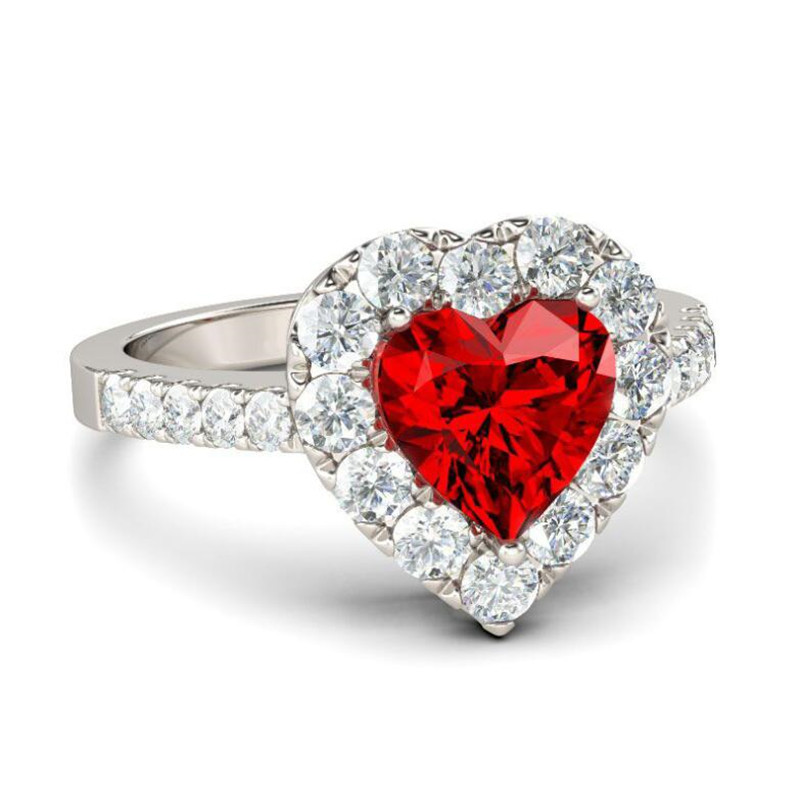 Size 6-10 Stunning Deluxe Jewelry 925 Sterling Silver Heart Shape Ruby CZ Diamond Gemstones Birthstones Party Women Wedding Bridal Ring Gift