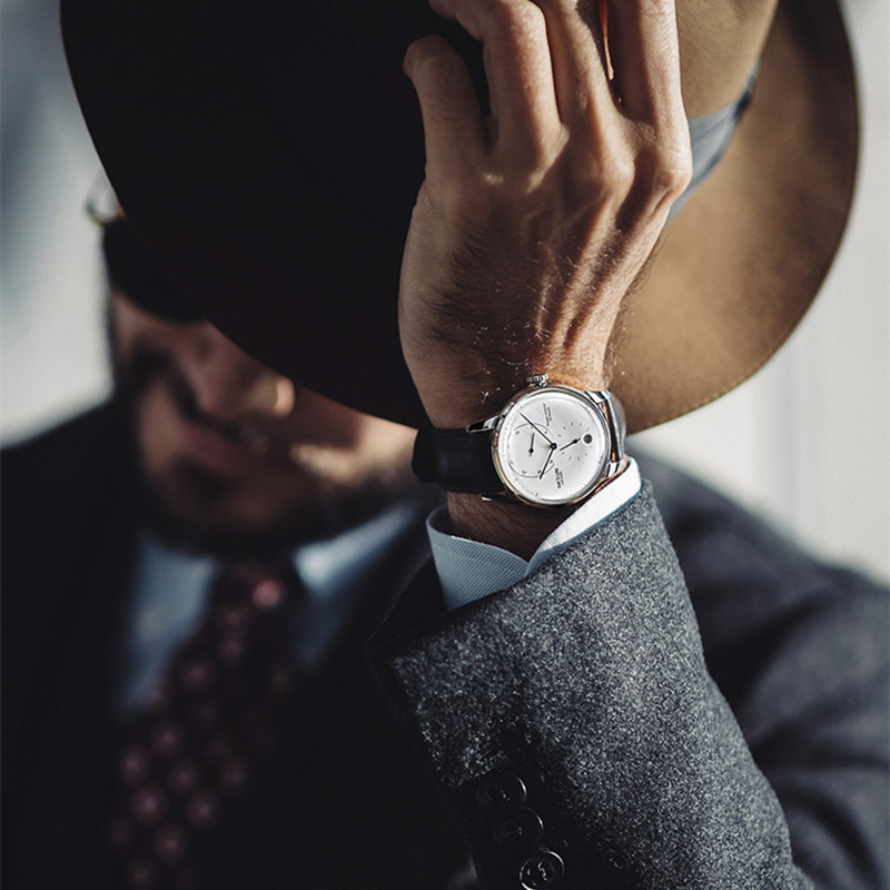 Wristwatches 2.5D Curved Glass Gentlemen Dress Watches Automatic Self-wind Milanese Wrist Watch Calendar Mechanical British Wind Montre, Silver light brown