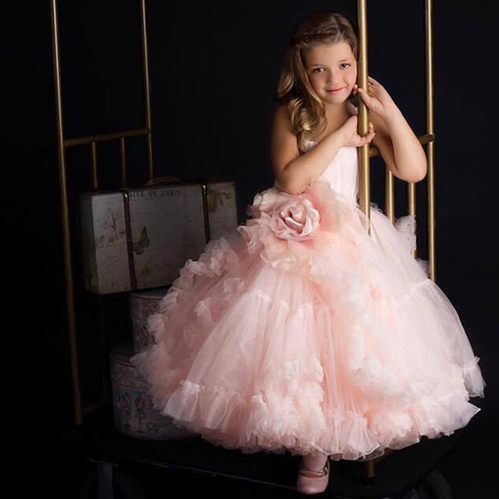 Pink Girls Pageant Dresses Tulle Ball Gown Tiered Ruffle Skirt Puffy Flower Girl Dresses Big Flower Birthday Party First Communion Dresses