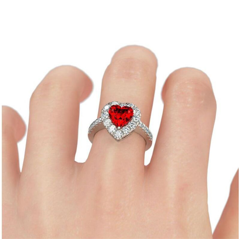 Size 6-10 Stunning Deluxe Jewelry 925 Sterling Silver Heart Shape Ruby CZ Diamond Gemstones Birthstones Party Women Wedding Bridal Ring Gift