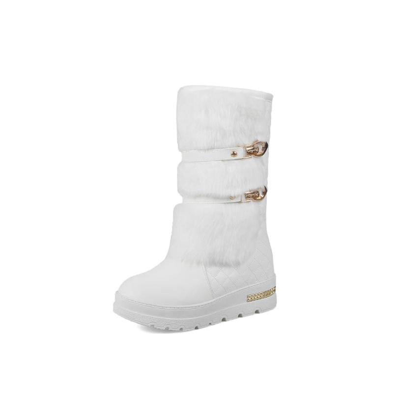 white fur snow boots women double metal chains mid-calf winter boots plaid white leather cozy long plush platform y981
