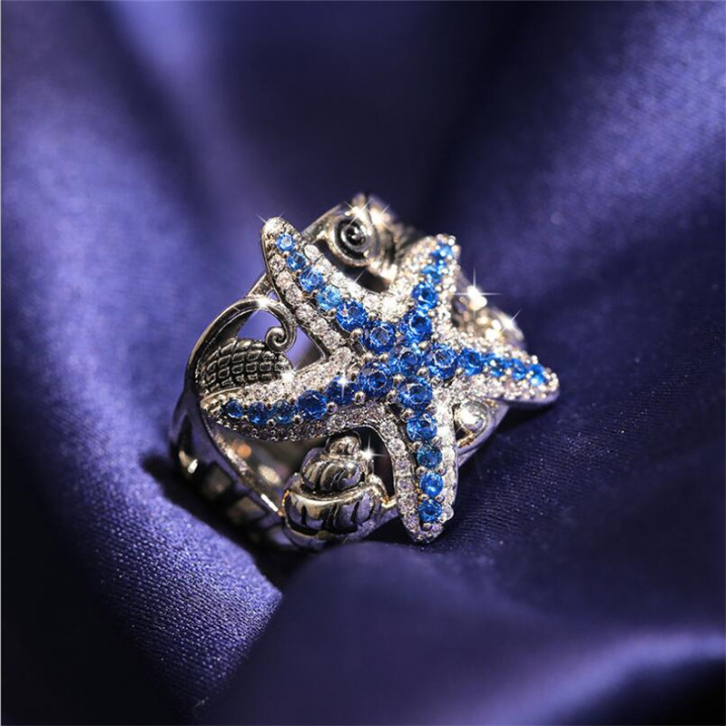 New Arrival Vintage Jewelry 925 Sterling Silver Blue Sapphire CZ Diamond Gemstones Neptune Party Women Wedding Engagement Band Ring Gift