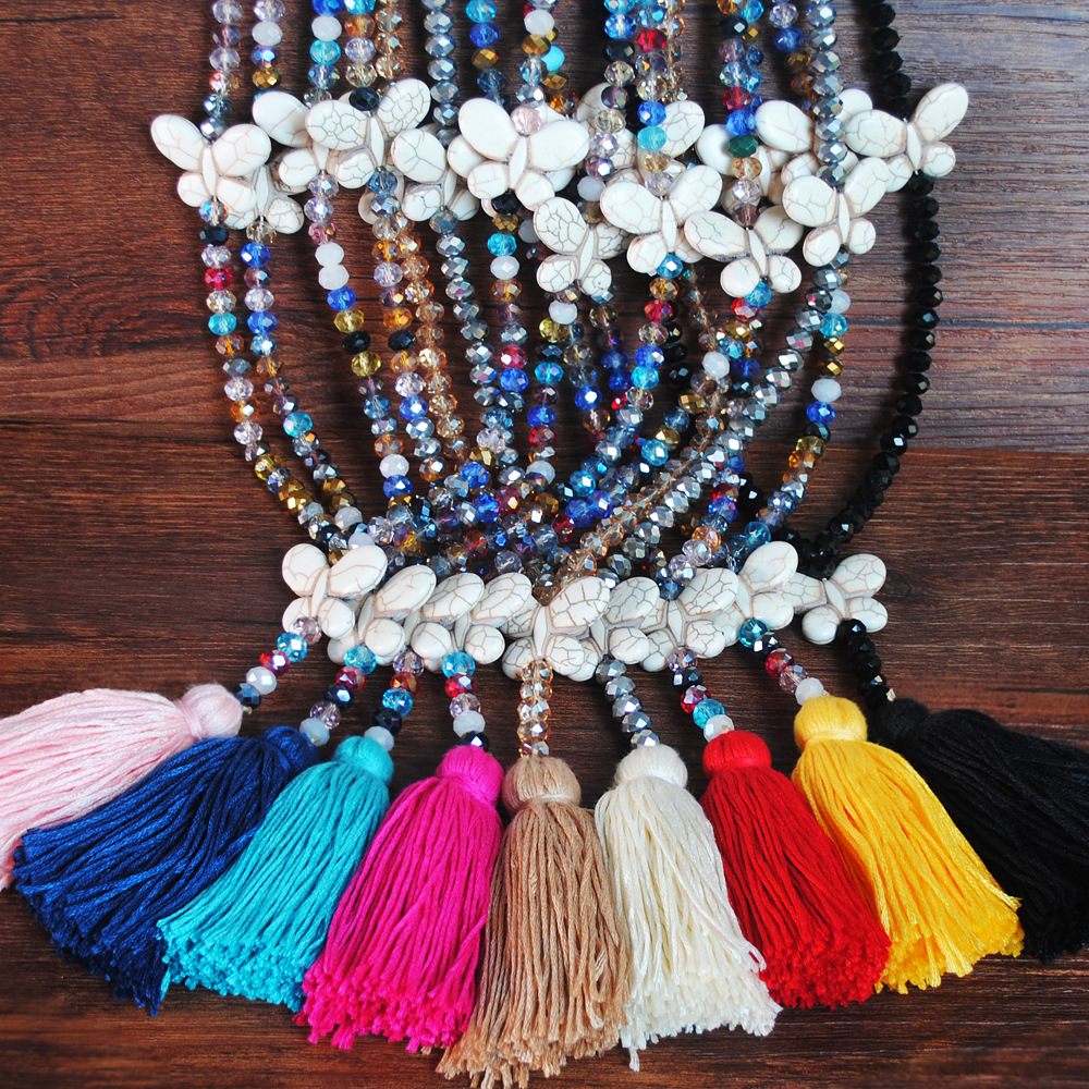 2021 Fashion Long chain Crystal Beads Pendant Necklaces Boho Jewelry Butterfly Charms Colorful Tassel Necklace for Women Girls